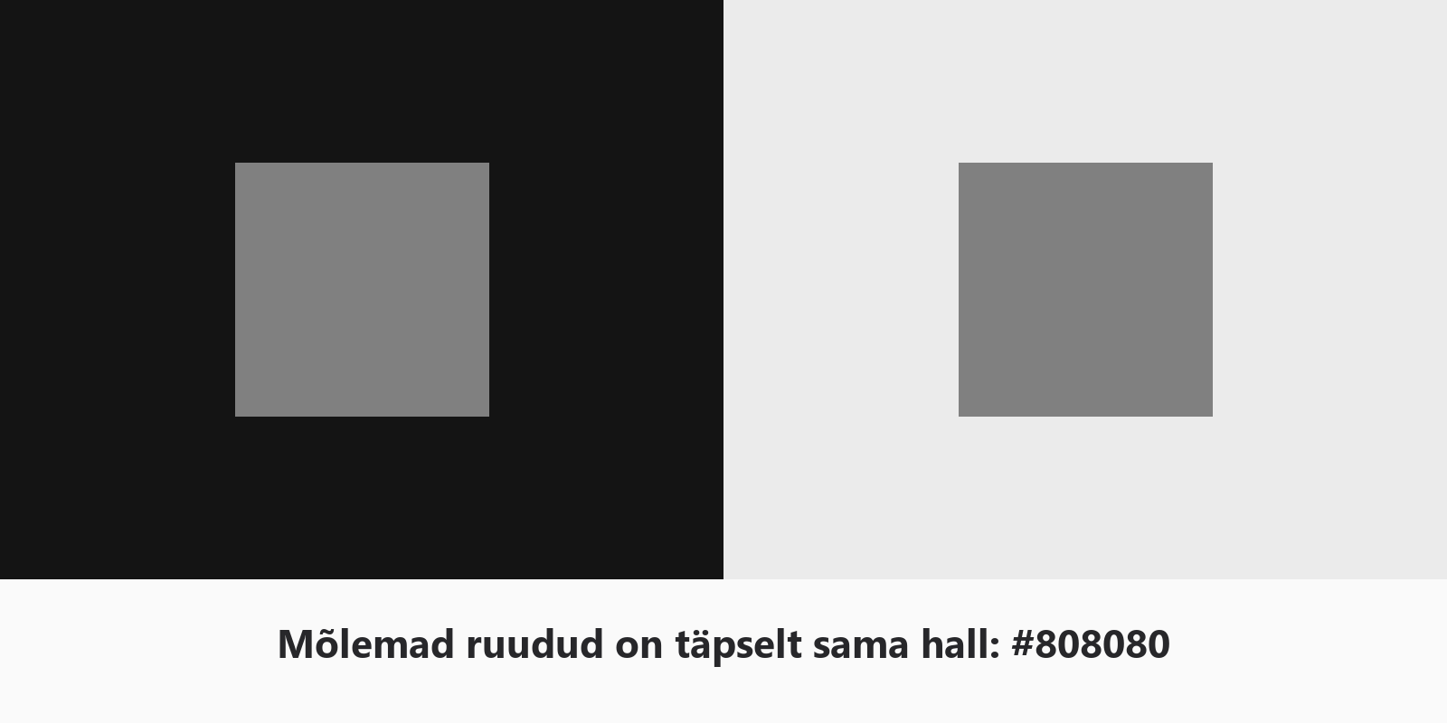 Kaks täpselt sama halli ruutu: vasakul mustal taustal tundub ruut heledam, paremal heledal taustal tumedam