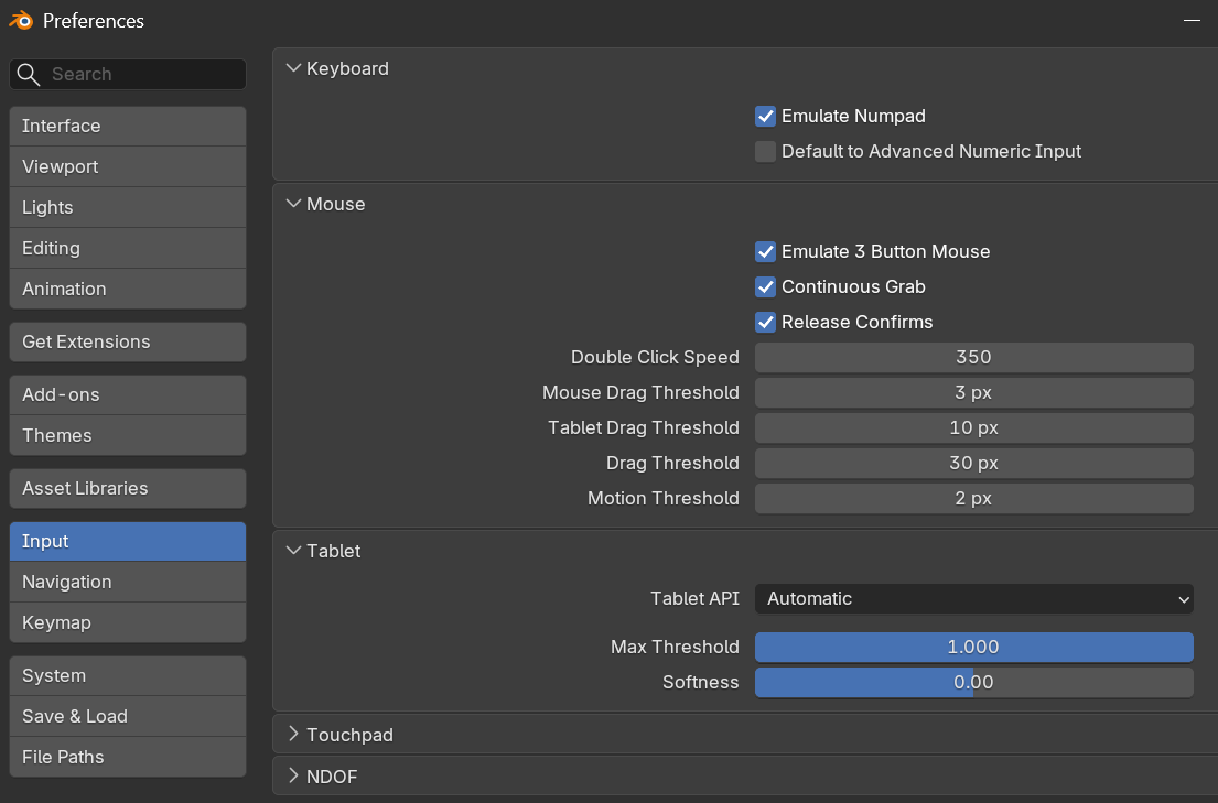 Preferences-aken, sakk Input, jaotises Keyboard linnuke Emulate Numpad