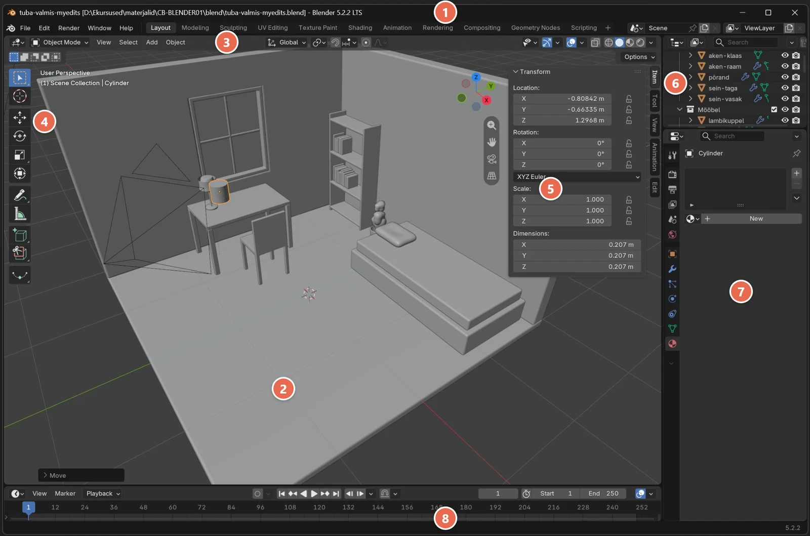 Blenderi aken avatud toaga, ekraani osad on nummerdatud 1 kuni 8
