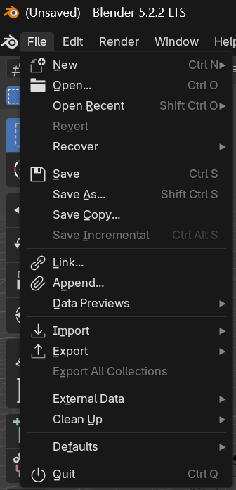 Avatud File-menüü käskudega New, Open, Open Recent, Recover, Save ja Save As ning nende otseteedega