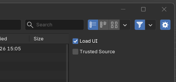 File Open akna parem ülanurk: hammasratta nupp ja linnukesed Load UI ning Trusted Source